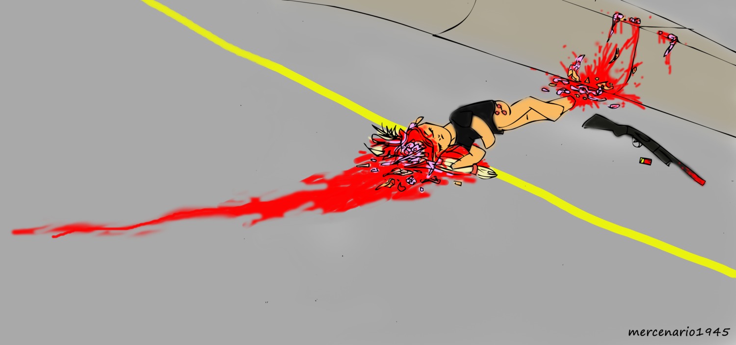 applejack_(mlp) blood bodily_fluids bottomless brain clothed clothing death e621 earth_pony equid equine eyes_closed female friendship_is_magic fur gore grotesque_death gun hasbro hi_res highway horse mammal mercenario1945 my_little_pony orange_body orange_fur organs outside pony ranged_weapon shotgun solo suicide weapon