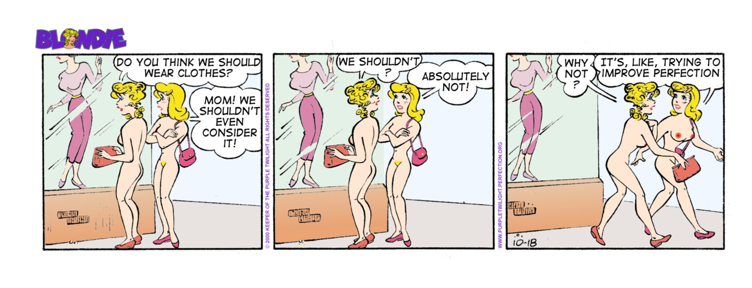 2girls bag blondie_(comic) blondie_bumstead casual clothing comic comic_strip cookie_bumstead edit female female_only footwear human mostly_nude mother_and_daughter multiple_females multiple_girls nonsexual nonsexual_nudity nude nudist pale_skin public rule34 tagme unknown_artist