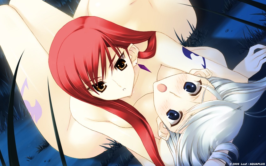 2girls arm_tattoo blue_tattoo erza_scarlet fairy_tail fairy_tail_mark female mirajane_strauss red-haired_female red_hair rule34 tagme tattoo white-haired_female white_hair