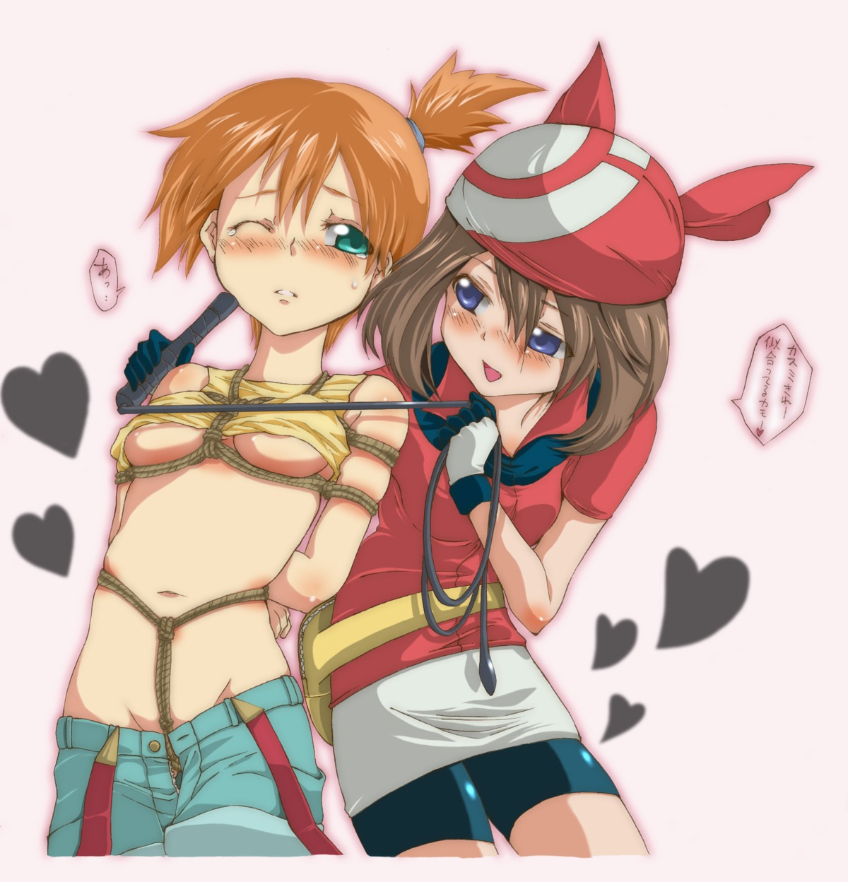 2008 2girls arms_behind_back bad_id bad_pixiv_id bandana bike_shorts blue_eyes blush bondage bound bound_arms bound_hands bound_wrists breast_bondage breasts brown_hair clothes_lift clothes_pull coco-kurogaki crotch_rope domination embarrassed female female_only femdom femsub game_freak gloves green_eyes gym_leader hat heart highres human human_only japanese_text kasumi_(pokemon) latex lezdom may_(pokemon) may_(pokemon_rs) medium_hair midriff misty_(pokemon) multiple_females multiple_girls navel nintendo no_panties olm_(studio) open_fly orange_hair pokemon pokemon_(anime) pokemon_rgby pokemon_rse red_bandana red_hair rope_bondage rule34 shibari shibari_over_clothes shibari_under_clothes shirt shirt_lift short_hair shorts shorts_pull side_ponytail small_breasts standing straight_hair tank_top text torment translated unbuttoned underboob unzipped whip wince yuri