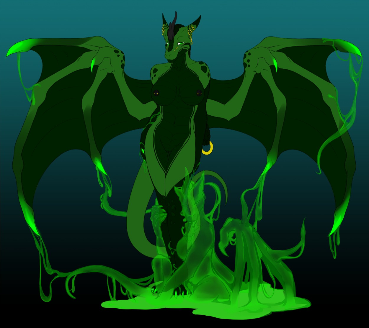 accelo anthro blue_eyes braided_hair breasts dragon duo e621 female genitals glowing goo_creature green_body green_eyes green_skin hair horn leg_markings looking_at_viewer lyndane markings membrane_(anatomy) membranous_wings mythological_creature mythological_scalie mythology nipples non-mammal_breasts non-mammal_nipples nude piercing scalie socks_(marking) tail translucent translucent_body vulva wings yokamo_(character)