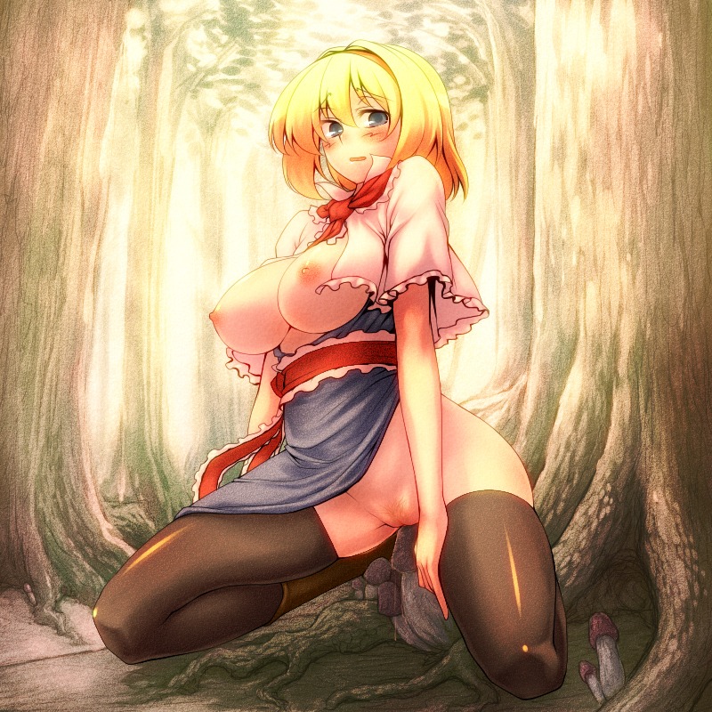 alice_margatroid blonde_hair blue_eyes blush breasts female female_only forest human kneeling large_breasts mushroom nature nipples no_panties open_clothes open_shirt pubic_hair pussy rule34 sexually_suggestive shirt solo thighhighs touhou tree tro uncensored
