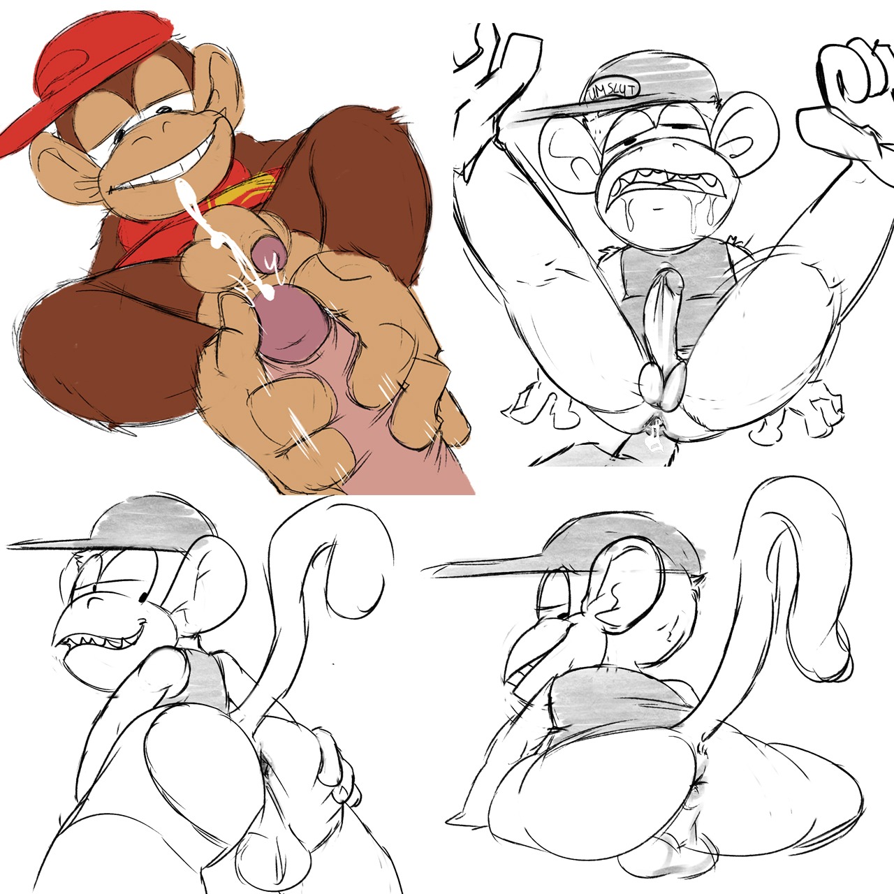 1:1 5_toes anthro anus backsack balls black_eyes brown_body brown_fur brown_skin butt clothed clothing diddy_kong donkey_kong_(series) duo e621 english_text erection feet foot_fetish foot_play footjob fur genitals haplorhine hat headgear headwear hi_res japanese jerseydevil legs_up looking_at_viewer looking_back looking_down male male/male mammal monkey monochrome multiple_poses multiple_scenes nintendo open_mouth opposable_toe partially_clothed penile penis pink_penis pose prehensile_feet prehensile_footjob presenting presenting_hindquarters primate raised_leg sex shirt simple_background sitting sketch sketch_page spread_legs spreading standing tail teeth text toes tongue topwear two-footed_footjob white_background white_eyes young young_anthro young_male
