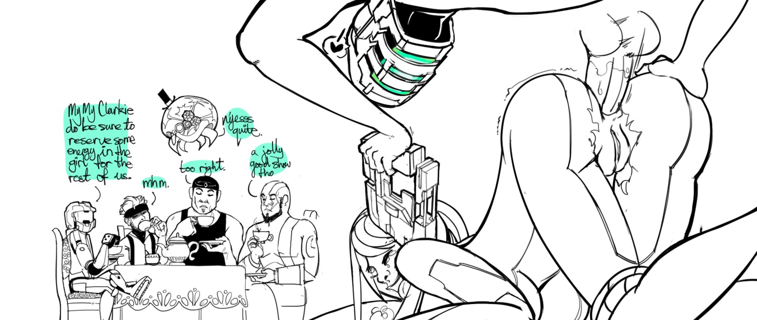 1girls 2d ahegao anal anal_sex anus ass big_boss breasts crossover dead_space dialogue eastern_and_western_character english_text female gears_of_war god_of_war gunpoint halo_(game) halo_(series) isaac_clarke kratos male marcus_fenix master_chief metal_gear metal_gear_solid metroid metroid_(creature) nintendo penis pussy rule34 samus_aran sex sketch source_request spartan_(halo) speech_bubble straight text zero_suit zero_suit_samus