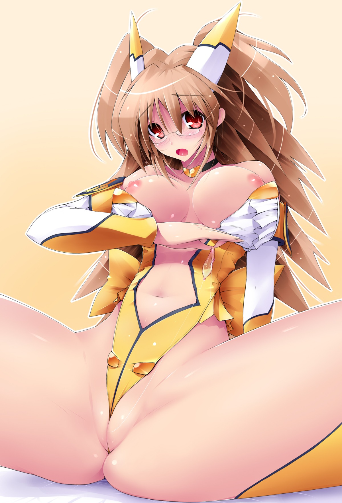 1girls 2d between_labia breasts brown_hair clothing condom cum cum_string diol_twee female female_only glasses highres innie_pussy large_breasts navel nipples otomedius pussy red_eyes rule34 scatter_milk solo spread_legs stockings thick_thighs thighs uncensored used_condom wedgie xexex