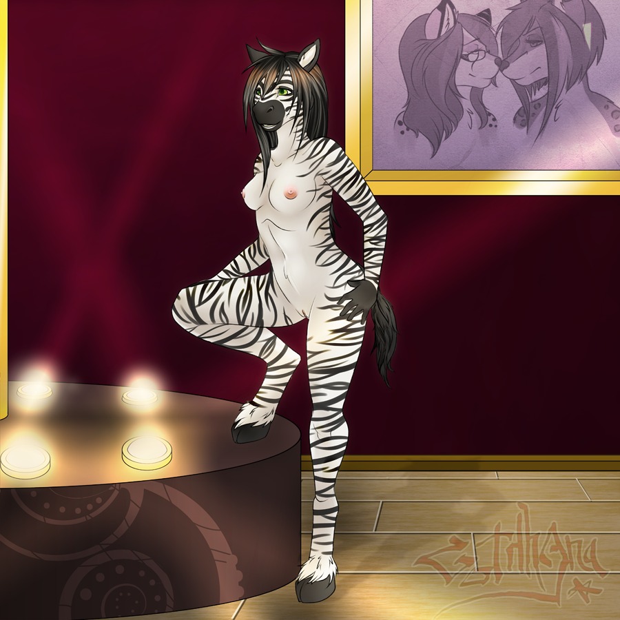 1:1 anthro black_hair black_markings breasts e621 equid equine female genitals green_eyes hair hooves jimena_moorhaart lorena_(artist) mammal markings nipples nude pose solo stripes tail vulva zebra