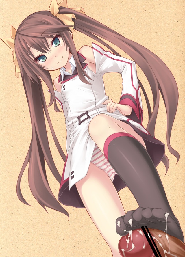black_socks bow brown_hair cameltoe censored clothed_female clothed_female_nude_male cum cum_on_body cum_on_lower_body cum_on_socks feet female footjob footjob_with_legwear green_eyes hand_on_hip hips huang_lingyin infinite_stratos kneehighs long_hair looking_at_viewer looking_down male panties pantyshot pantyshot_(standing) penis pointless_censoring pov pussy rule34 ryo smile sockjob standing standing_footjob striped striped_panties tied_hair toes twintails underwear