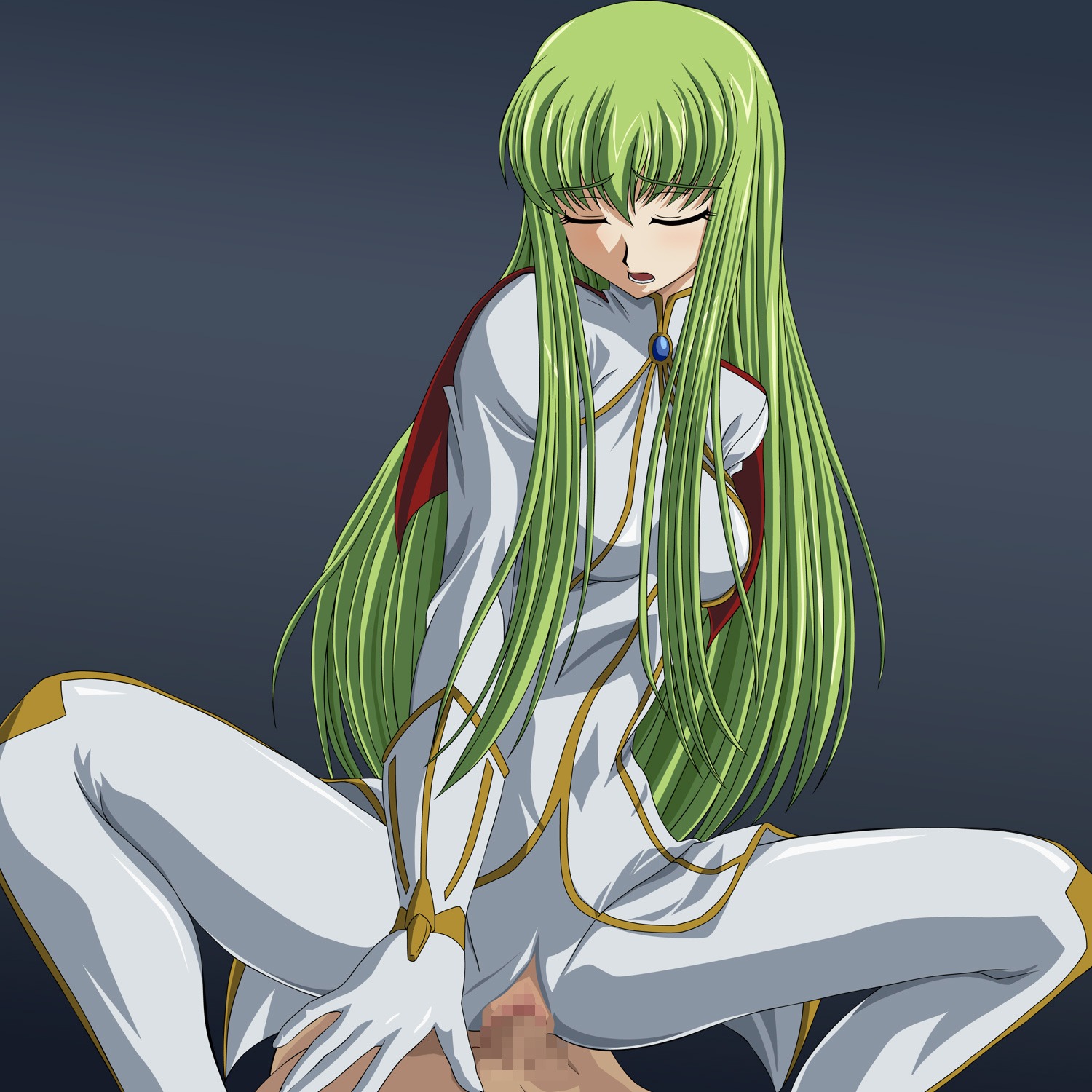 c.c. censored closed_eyes code_geass danna female green_hair highres long_hair no_panties on_top open_mouth pussy rule34 sex spread_legs teeth tongue vaginal_penetration
