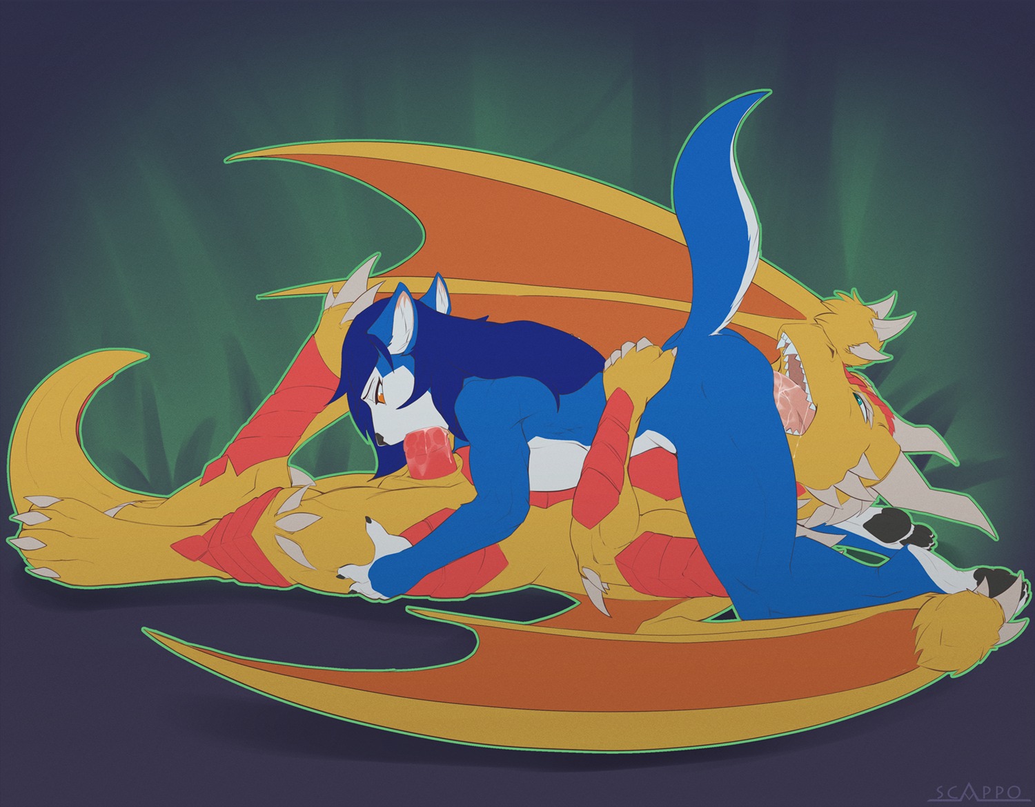 2014 69_position anthro canid canine canis conditional_dnp cunnilingus dragon duo e621 erection fangs fellatio female genitals hopey horn interspecies licking male male/female mammal membrane_(anatomy) membranous_wings muscular muscular_anthro muscular_female muscular_male mythological_creature mythological_scalie mythology nude open_mouth oral penile penis scalie scappo sex spikes tail teeth tongue tongue_out vaginal wings wolf