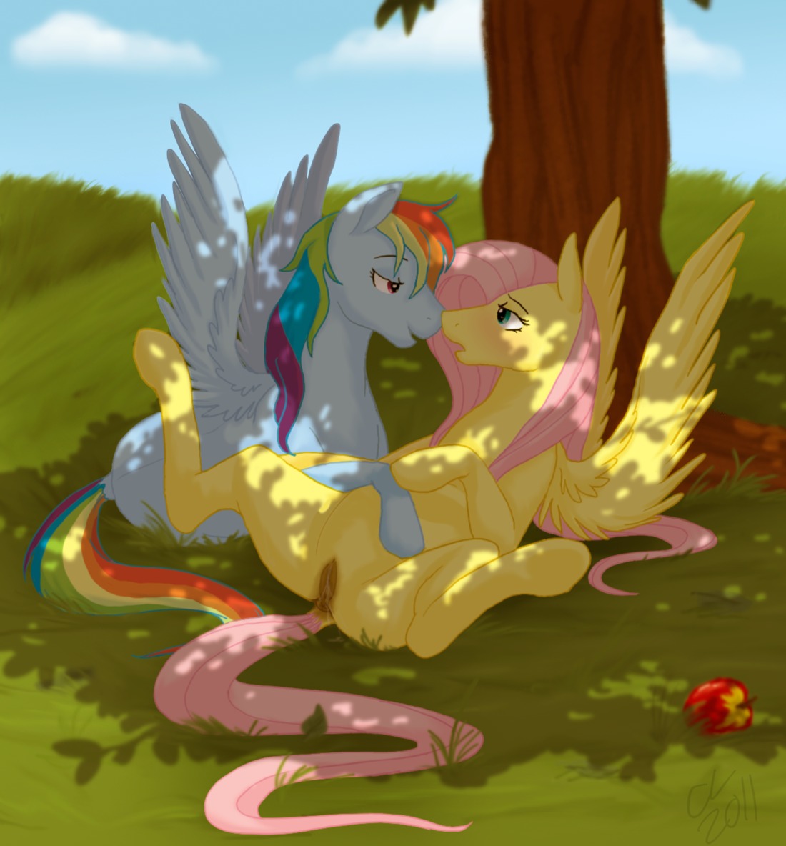 2011 anus apple blonde_hair blue_body blue_feathers blue_fur blush bodily_fluids cartoonlion dappled_light detailed_background dock_(anatomy) duo e621 equid equine eye_contact feathered_wings feathers female female/female feral fluttershy_(mlp) food friendship_is_magic fruit fur genital_fluids genitals hair hasbro hooves looking_at_another lying mammal multicolored_hair multicolored_tail my_little_pony mythological_creature mythological_equine mythology on_back open_mouth outside pegasus pink_hair plant rainbow_dash_(mlp) rainbow_hair rainbow_tail romantic romantic_couple spread_legs spreading tail tree under_shade underhoof vaginal_fluids vulva wing_boner wings wood yellow_body yellow_feathers
