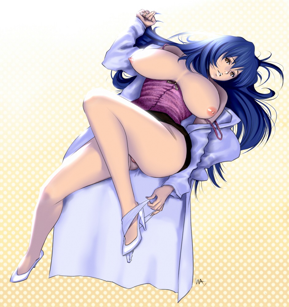 1girls 2011 2d 2d_(artwork) adult adult_female artist_signature big_breasts blue_hair breasts breasts_out brown_eyes clothing dotted_background female female_only high_heels honey_brown_eyes huge_breasts labcoat large_breasts legs light-skinned_female light_skin long_hair looking_at_viewer lying maken-ki! mostly_clothed nijou_aki nipples no_bra no_sex nurse on_back open_clothes open_shirt panties panties_around_leg panties_around_one_leg panty_pull pinup pussy pussy_peek rule34 shirt solo solo_female strap_slip underwear undressing wakino_keibun white_panties