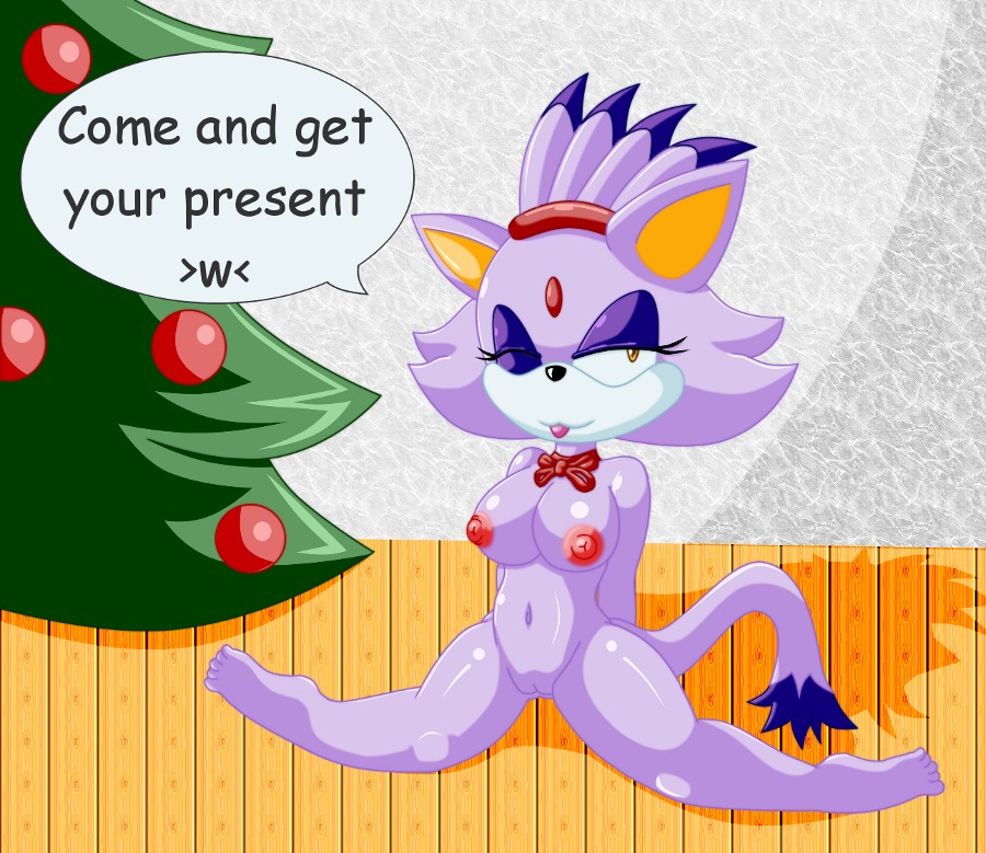 >w< amber_eyes anthro blaze_the_cat breasts chaossabre christmas christmas_tree dialogue domestic_cat e621 english_text felid feline felis female genitals gift holidays inside mammal navel nipples nude one_eye_closed plant red_nipples ribbons sega solo sonic_the_hedgehog_(series) tail text tongue tongue_out tree vulva wink wood