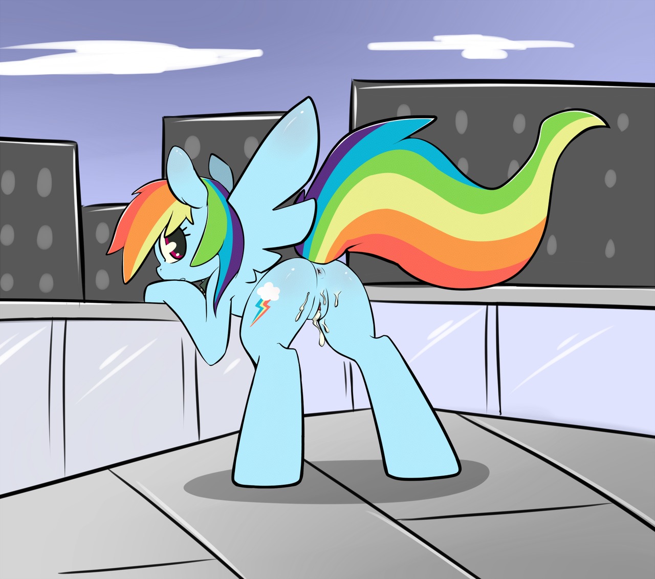 2012 after_sex anus blue_body blue_feathers blue_fur bodily_fluids butt city collar cum cum_in_vagina cum_inside cutie_mark e621 equid equine feathered_wings feathers female feral friendship_is_magic fur genital_fluids genitals grumblepluck hair hasbro looking_at_viewer looking_back mammal multicolored_hair multicolored_tail my_little_pony mythological_creature mythological_equine mythology pegasus rainbow_dash_(mlp) rainbow_hair rainbow_tail simple_background solo tail vulva wings
