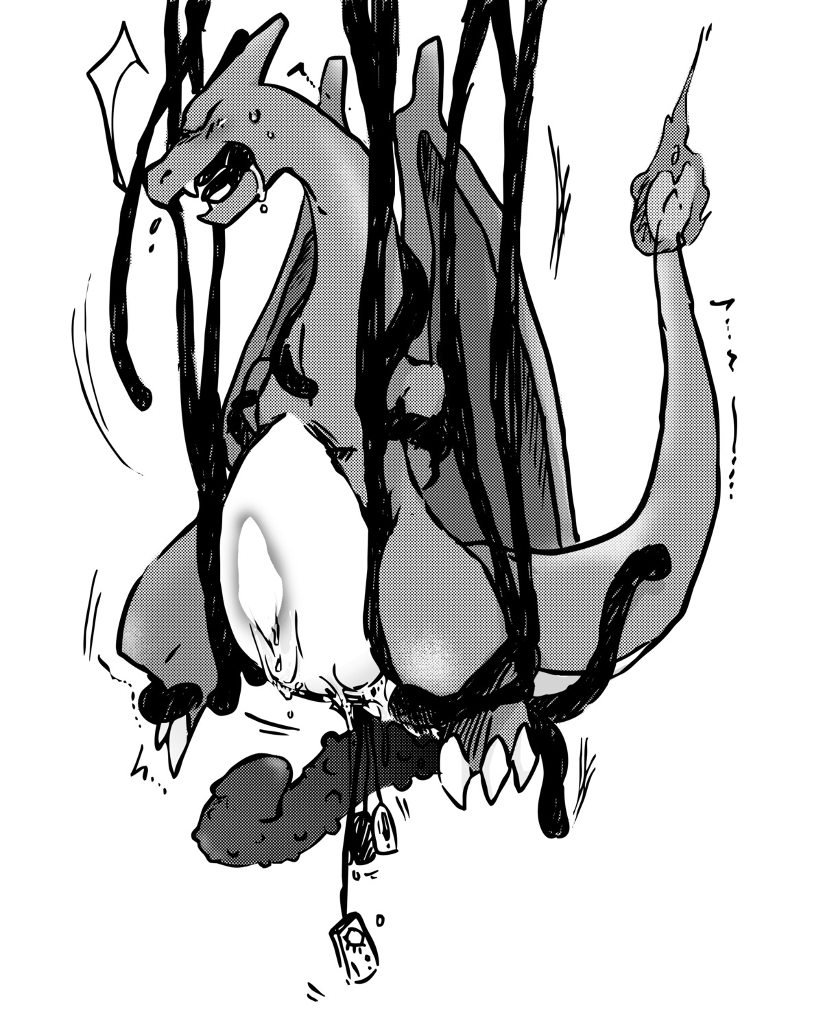 bound charizard greyscale male male_only monochrome nintendo nudity pokemon pokemon_(species) rule34 solo white_background