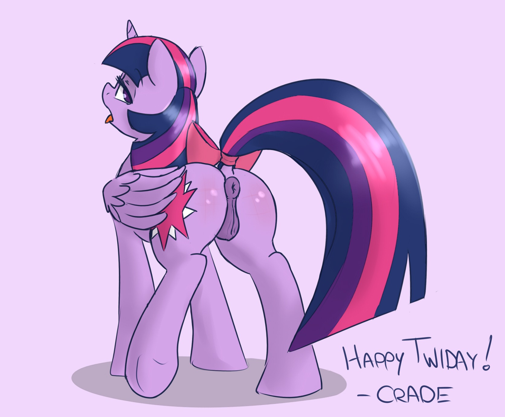 2013 anatomically_correct anatomically_correct_genitalia anatomically_correct_vulva animal_genitalia animal_vulva anus butt crade cutie_mark e621 english_text equid equine equine_genitalia equine_vulva feathered_wings feathers female feral friendship_is_magic fur genitals hair hasbro hi_res horn looking_back mammal multicolored_hair my_little_pony mythological_creature mythological_equine mythology open_mouth purple_body purple_eyes purple_feathers purple_fur purple_hair solo standing text twilight_sparkle_(mlp) two_tone_hair vulva winged_unicorn wings