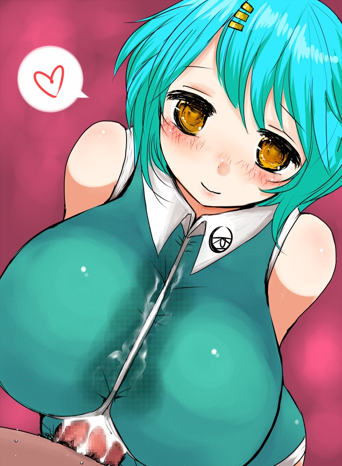 blush breasts censored cum cum_on_body cum_on_breasts cum_on_upper_body dark-skinned_male dark_skin female green_hair hair_ornament han64 han_(jackpot) huge_breasts male paizuri paizuri_under_clothes penis rule34 short_hair smile straight