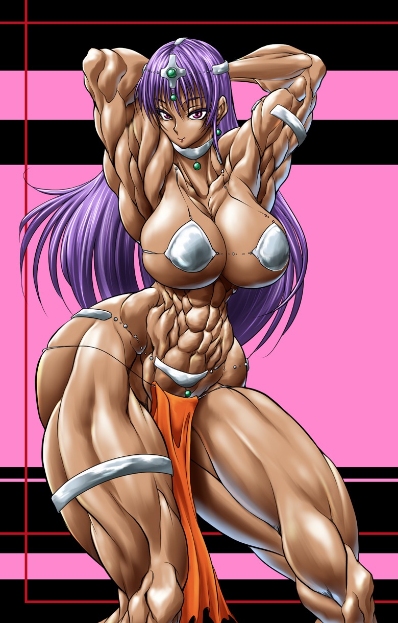 abs bikini_armor breasts clothing dark-skinned_female dark_skin dragon_quest extreme_muscles female female_only highres human large_breasts maya_mahabala muscles muscular muscular_female purple_hair purukogi purukogi_(plasma_beach) rule34 solo uncensored
