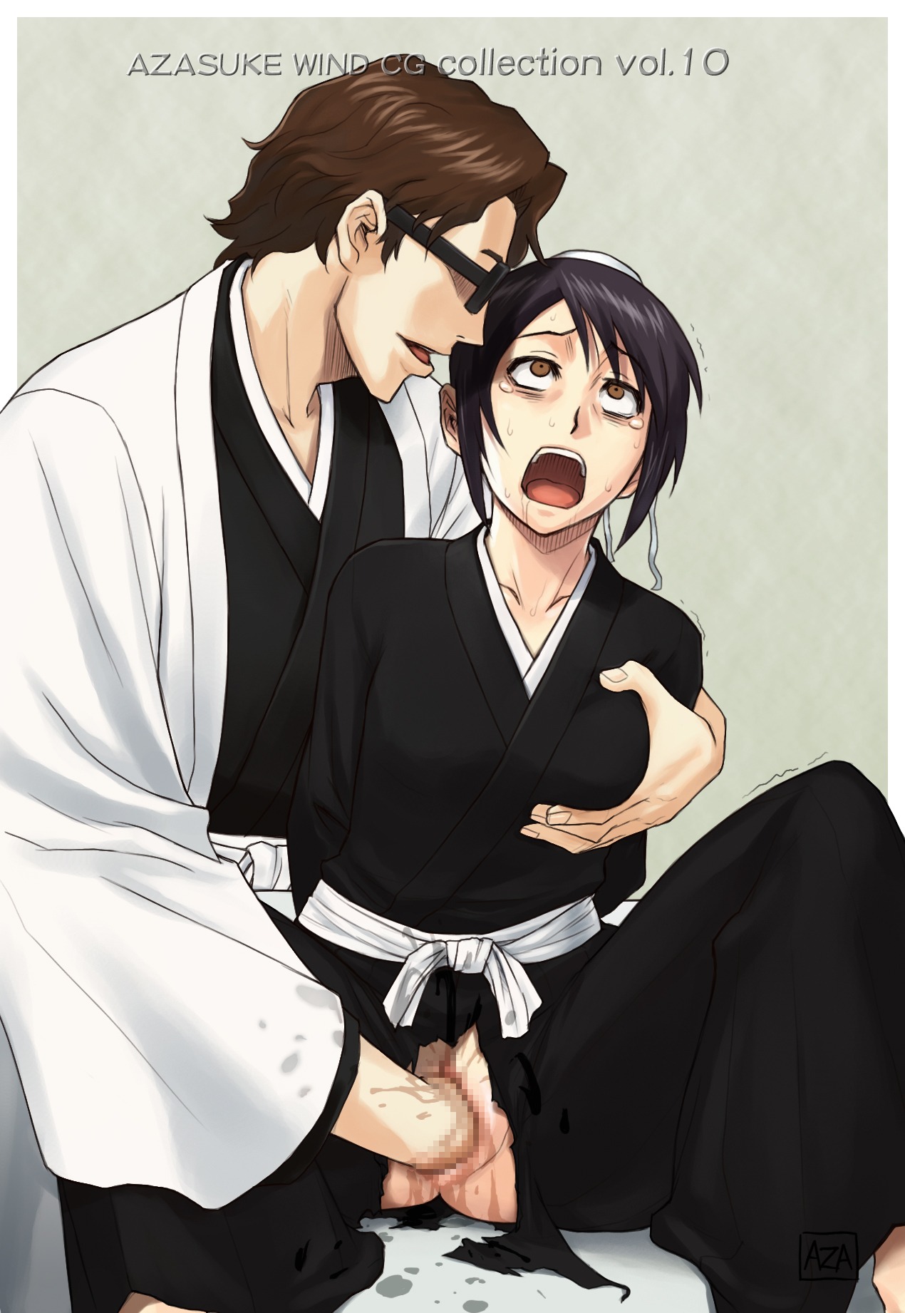1boy 1girls aizen_sousuke azasuke black_hair bleach breast_grab breasts brown_eyes brown_hair censored drooling female fisting glasses groping hair_bun hakama high_resolution hinamori_momo japanese_clothes male no_panties open_mouth penetration pussy pussy_juice rolling_eyes rule34 saliva shaved_pussy short_hair sitting sosuke_aizen spread_legs sweat tears torn_clothes vaginal_penetration