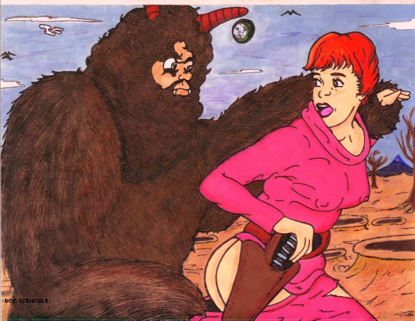 ambiguous_gender brown_body brown_fur clothing crater doc_icenogle duo e621 female fur grandfathered_content hair human lost_in_space mammal monster not_furry pink_clothing red_hair traditional_media_(artwork)