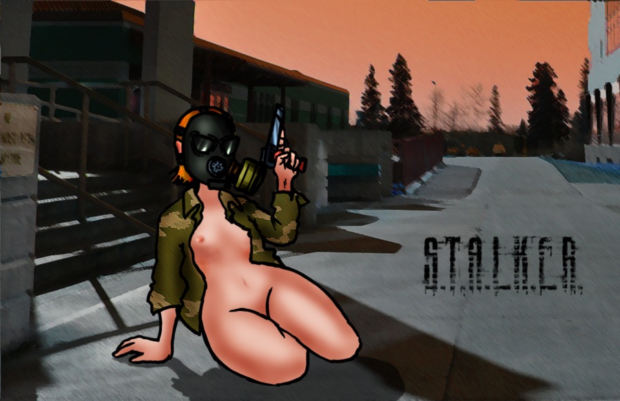 1girls 2d breasts female female_only gas_mask gun half-dressed half_naked lying_on_ground nipples rule34 s.t.a.l.k.e.r. solo solo_female tagme