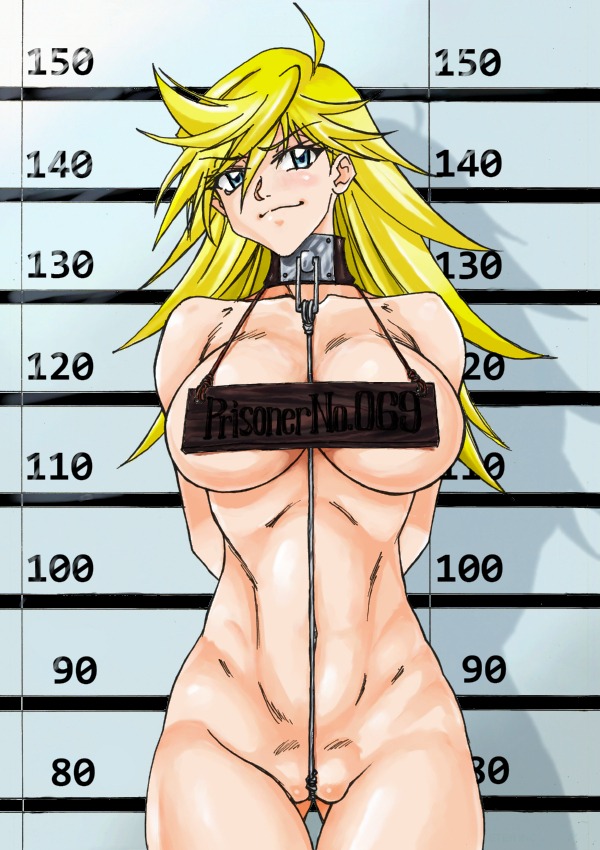 1girls arms_behind_back arms_tied arms_tied_behind_back between_labia blonde_hair blue_eyes blush bondage breasts captured collar female femsub jordi large_breasts leash leash_and_collar medium_hair mugshot panty_&amp;_stocking_with_garterbelt panty_anarchy prison rule34 submissive submissive_female