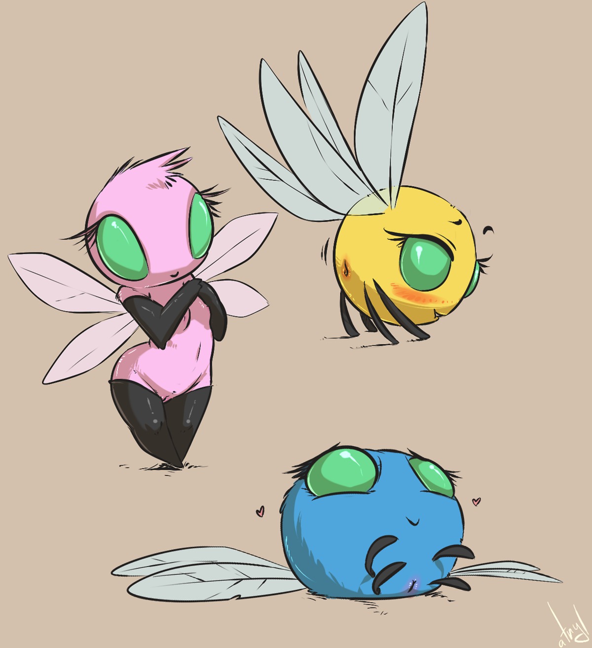 animal_genitalia anthro anthrofied arthropod atryl blue_body blue_fur blush cloaca digital_media_(artwork) e621 female friendship_is_magic fur genitals green_eyes group hair hasbro head_tuft hi_res insect_wings my_little_pony nipples parasprite_(mlp) pink_body pink_fur pink_hair smile tuft vertical_cloaca wings yellow_body yellow_fur