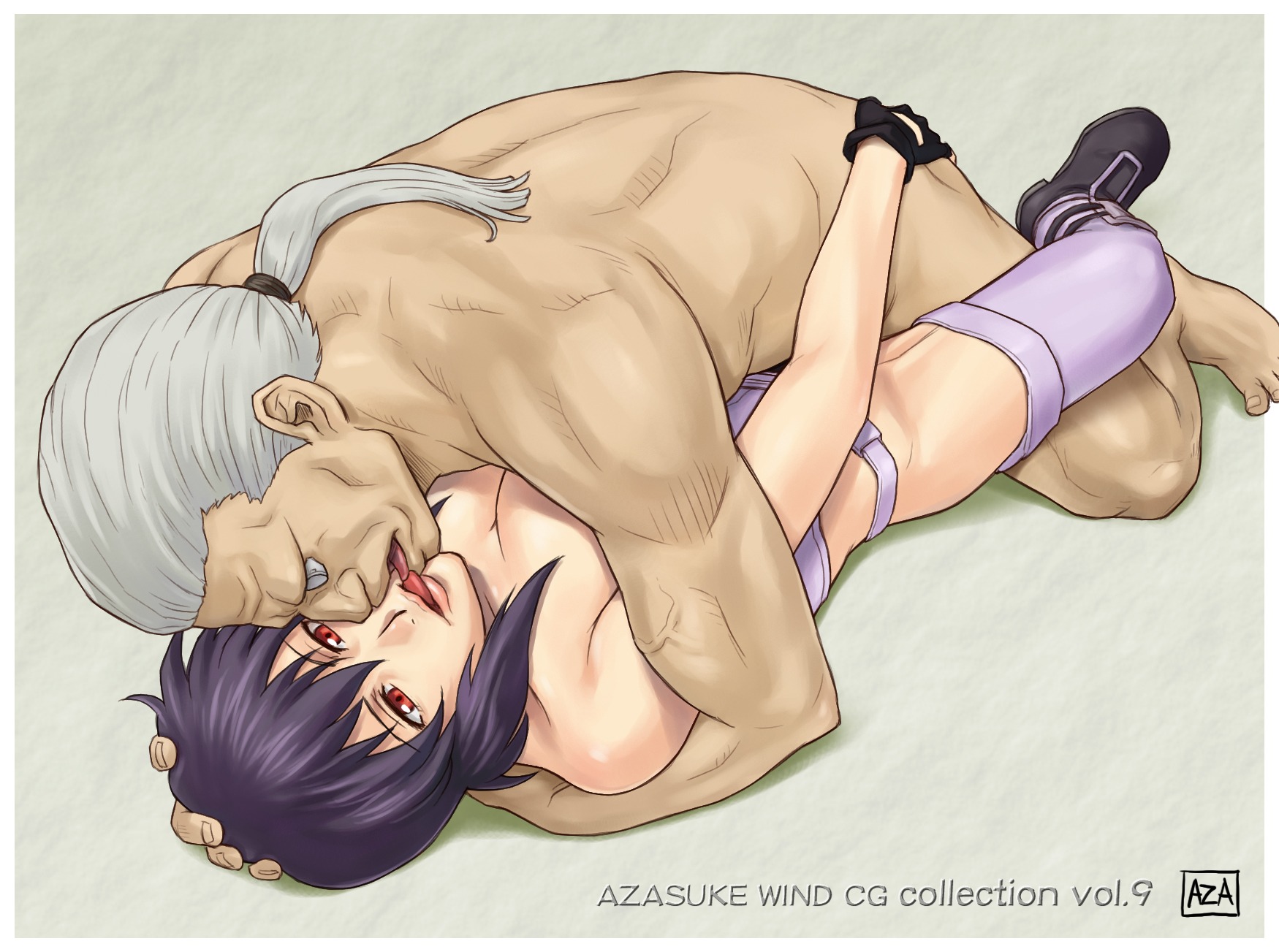 ass ass_grab azasuke batou boots breasts cleavage clothed_sex cyborg female fingerless_gloves ghost_in_the_shell ghost_in_the_shell_stand_alone_complex gloves grey_hair groping hand_on_head highres hug kissing kusanagi_motoko lying missionary nude ocular_implant on_back ponytail purple_hair red_eyes rule34 sex short_hair thighhighs tied_hair tongue