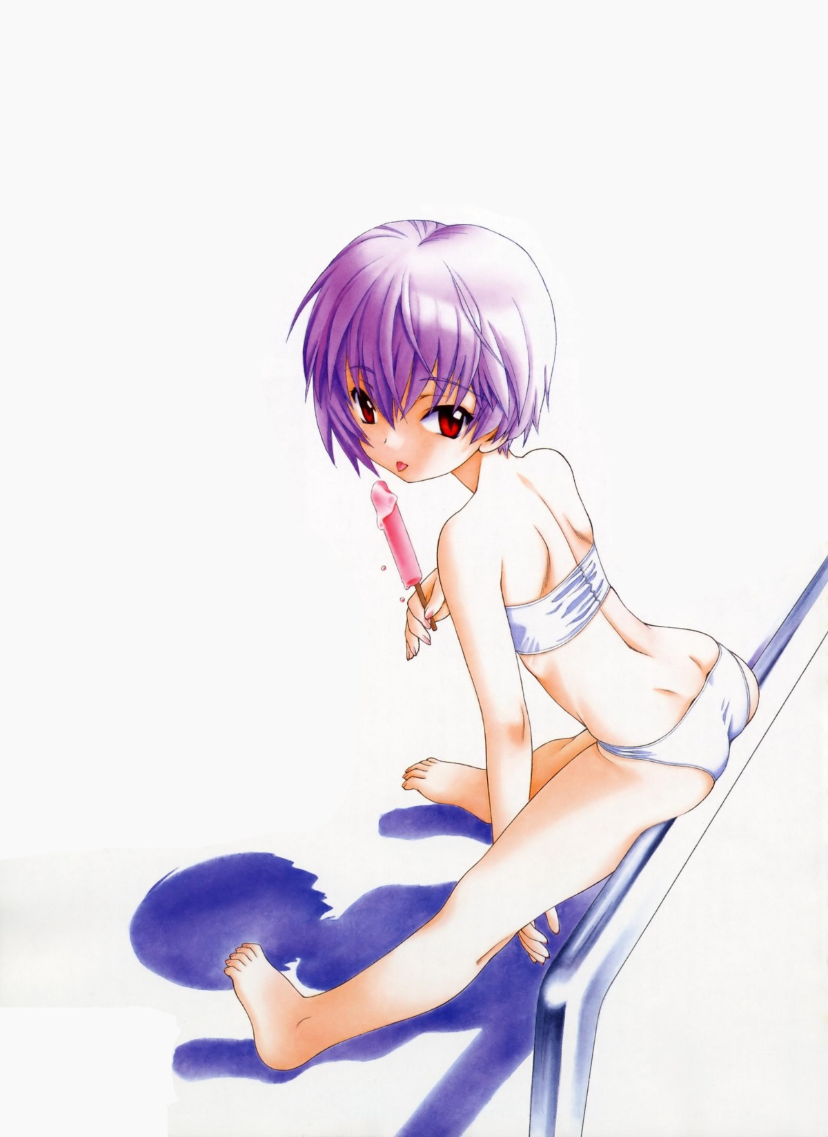back bandeau barefoot bikini feet female hair highres looking_back mizugi neon_genesis_evangelion pole popsicle purple_hair ramiya_ryou red_eyes rei_ayanami rule34 sexually_suggestive shadow short_hair swimsuit tongue tubetop utatane_hiroyuki