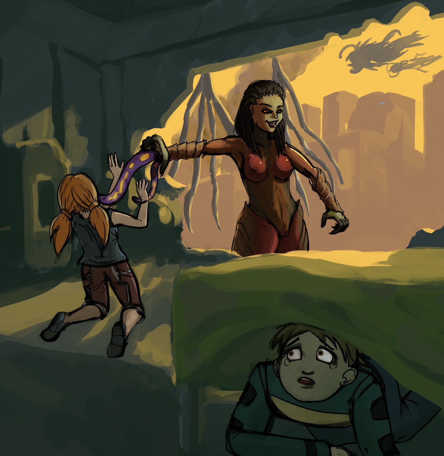 2girls bone_wings breasts brother_and_sister clothing corruption emikochan female infected nipples pussy queen_of_blades rule34 sarah_kerrigan starcraft tagme tentacle terran transformation young zerg