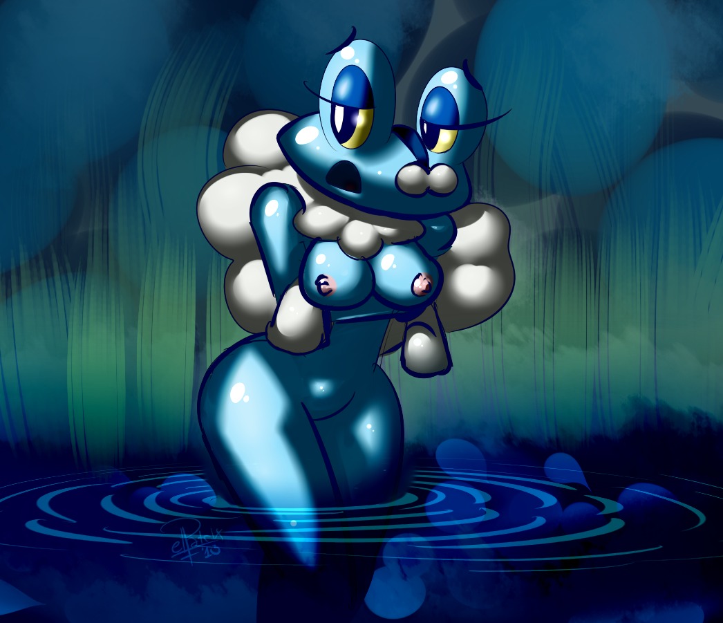 2013 amphibian anthro blue_body blue_skin breasts digital_media_(artwork) e621 elpatrixf female froakie generation_6_pokemon nintendo nipples non-mammal_breasts non-mammal_nipples pink_nipples pokemon pokemon_(species) pokemorph solo water wide_hips
