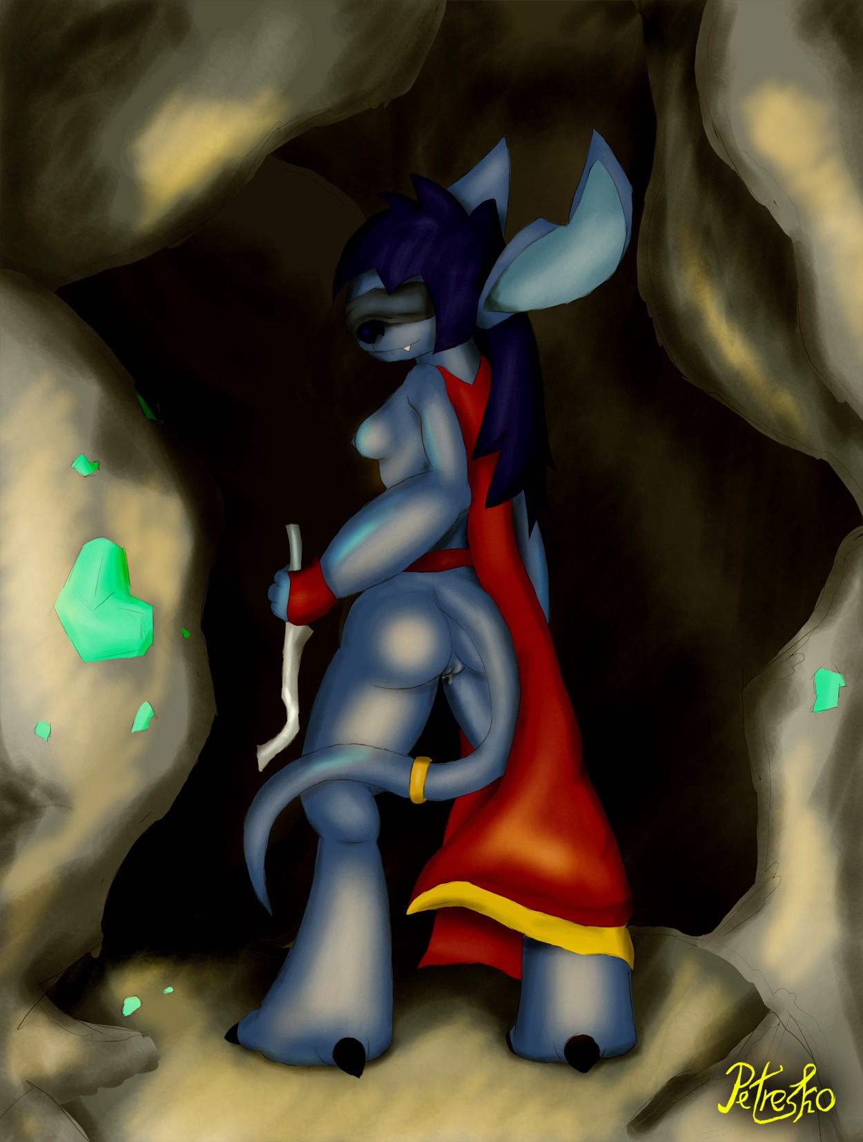 alien blindfold blue_body blue_skin bodily_fluids clothed clothing dagger disney dripping e621 experiment_(lilo_and_stitch) female genital_fluids genitals hi_res lilo_and_stitch long_tail looking_at_viewer melee_weapon monster partially_clothed petresko presenting smile smirk solo tail vaginal_fluids vulva weapon