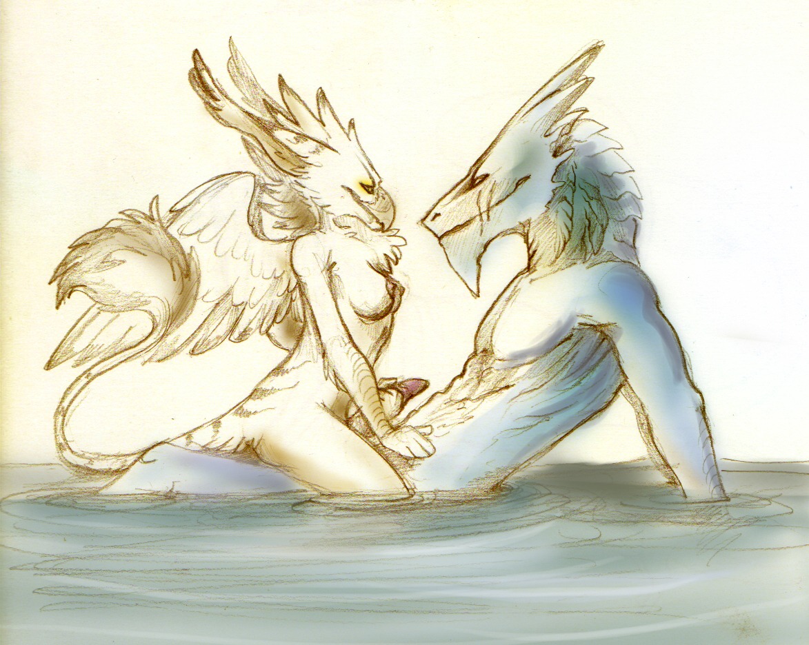 2013 anthro avian beak blajn breasts claws dragon duo e621 erection feathered_wings feathers female genitals gryphon handjob horn interspecies male male/female muscular mythological_avian mythological_creature mythological_scalie mythology non-mammal_breasts nude paws penile penis scalie sex tail wings