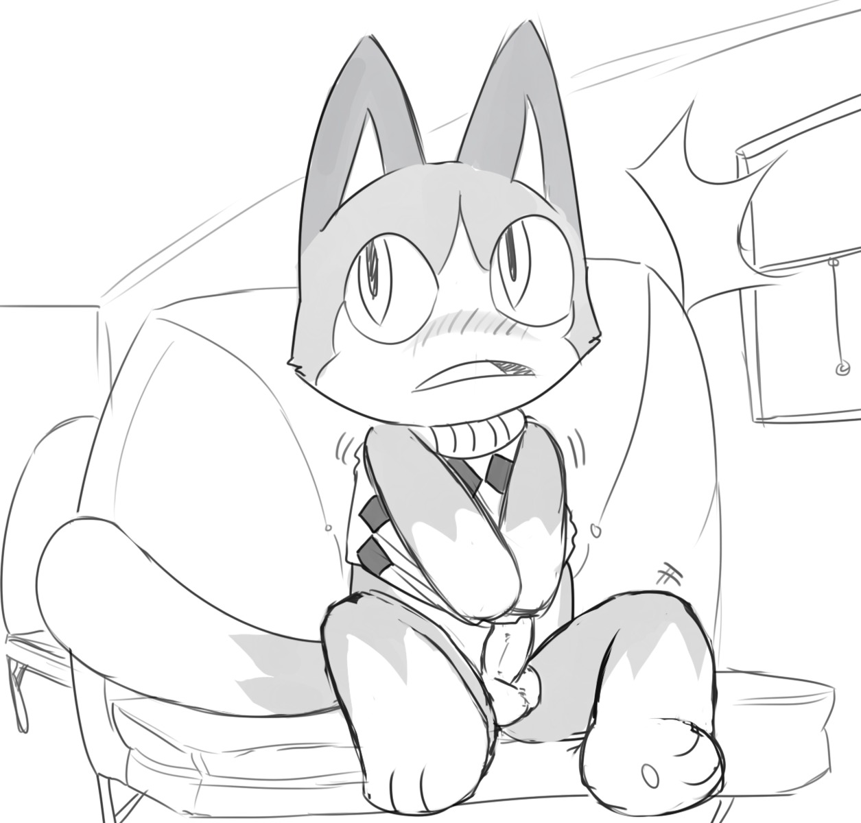 animal_crossing anthro balls blush domestic_cat e621 erection felid feline felis genitals heart_symbol hi_res inside_train kuroneko male mammal monochrome nintendo penis public public_erection public_transportation rover_(animal_crossing) solo tail train vehicle