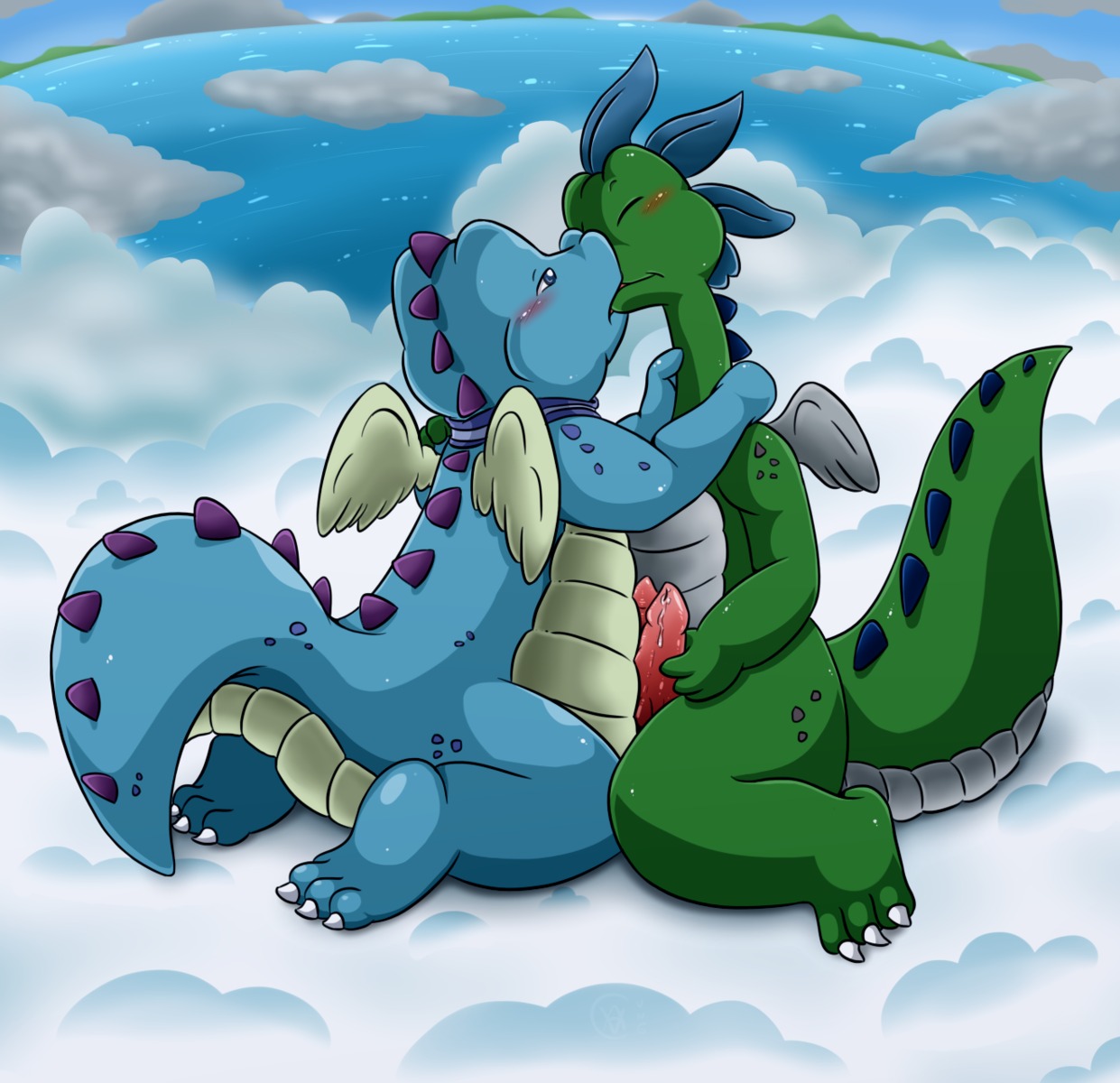 anthro blue_body blue_eyes blush bodily_fluids cloud digital_media_(artwork) dragon dragon_tales duo e621 erection eyes_closed feathered_wings feathers frottage genital_fluids genitals green_body hi_res kissing kneeling male male/male mythological_creature mythological_scalie mythology nude ord_(dragon_tales) outside pbs penile penis penises_touching precum scalie sea sex sky tail vavacung water wings young young_anthro young_male zak_(dragon_tales)