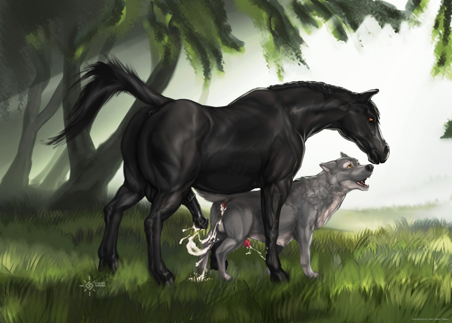 after_anal after_sex anal anal_orgasm animal_genitalia animal_penis anus backsack balls big_penis black_body black_fur black_nose black_penis bodily_fluids butt canid canine canis cum cum_drip cum_in_ass cum_inside cum_string cumshot detailed_background dominant dripping duo e621 ejaculation equid equine equine_genitalia equine_penis erection eye_contact feral feral_on_feral flaccid flared_penis from_behind_position fur genital_fluids genitals hands-free hi_res hooves horse interspecies larger_dom larger_male laser_(artist) looking_at_another male male/male male_penetrated male_penetrating male_penetrating_male mammal muscular muscular_feral muscular_male nature november nude open_mouth orgasm outside penetration penis puffy_anus quadruped raised_tail sex size_difference sky smaller_male tail teeth text url vein wolf