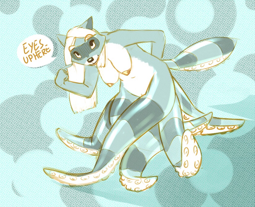 2011 abstract_background anthro aquatic beeboi big_breasts breasts cecaelia cephalopod digital_media_(artwork) dotted_background e621 female genitals hair hybrid long_hair looking_at_viewer mammal merfolk mollusk nipples nude pattern_background procyonid raccoon simple_background smile solo split_form striped_tentacles stripes teal_seas tentacles underwater vulva water