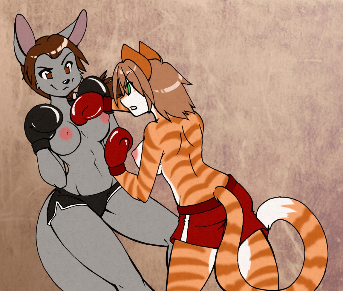 anthro boxing boxing_gloves breasts clothing digital_media_(artwork) duo e621 felid female handwear mammal nipples spazzykoneko sport tail