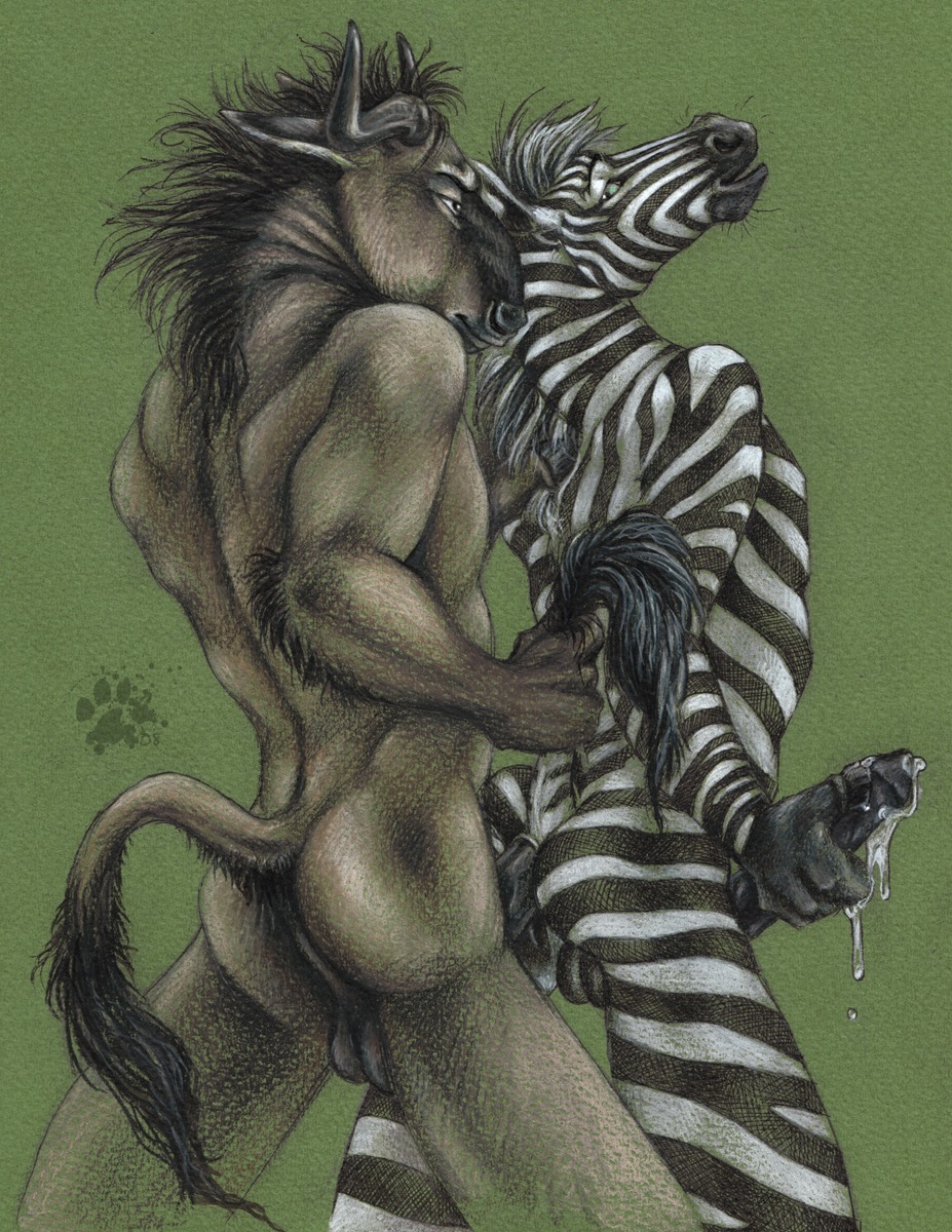 2008 alcelaphine anal anal_penetration antelope anthro backsack balls black_penis blotch bodily_fluids bovid butt cum cum_on_penis duo e621 equid equine erection genital_fluids genitals hi_res male male/male male_penetrated male_penetrating male_penetrating_male mammal penetration penis scratches_volume_2 sex stripes tail traditional_media_(artwork) wildebeest zebra