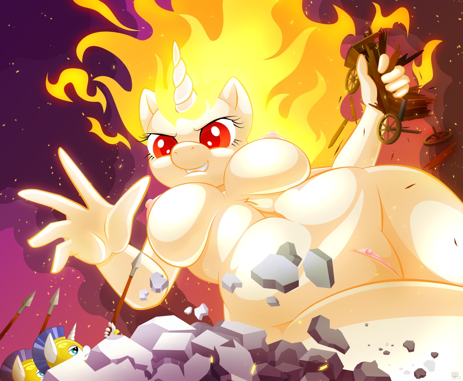 absurd_res anthro anthrofied big_breasts blue_eyes breasts cart clitoris destruction e621 equid equine female fire flaming_hair friendship_is_magic fur genitals group hasbro hi_res horn looking_down looking_up macro mammal melee_weapon military my_little_pony mythological_creature mythological_equine mythology nipples nude polearm pseudo_hair red_eyes royal_guard_(mlp) smile soldier solo_focus spear standing teeth thick_thighs twilight_sparkle_(mlp) unicorn vulva warrior weapon white_body white_fur whitmaverick