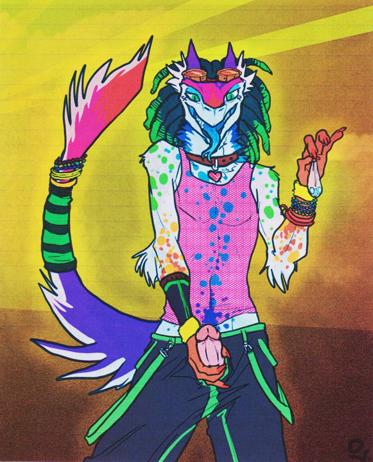 airu alternative_fashion beaded_jewelry beads bondage_pants bottomwear clothing cybergoth drugs e621 erection genitals goth hi_res jewelry kandi_(jewelry) looking_at_viewer male mammal pants penis presenting rave sergal solo tail tongue tongue_out
