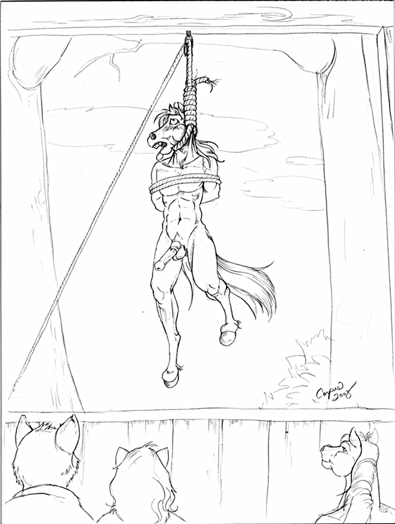 2008 anthro arms_tied asphyxiation audience bound corpus death death_erection e621 equid equine erection erotic_asphyxiation execution gallows genitals group hands_behind_back hanged hi_res horse male mammal monochrome noose nude open_mouth penis rope smaller_version_at_source snuff tongue tongue_out traditional_media_(artwork)