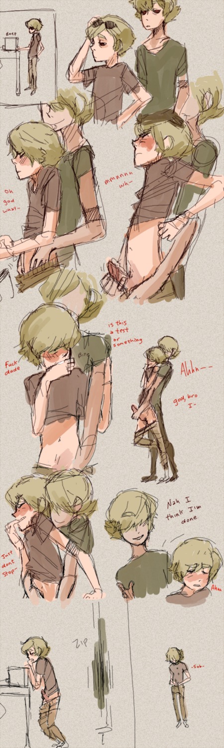 2boys biting_hand blonde_hair blush bro_strider clothed comic crying dave_strider dialogue gay grey_background homestuck incest male male_only masturbation microwave ms_paint_adventures pancakestein pants_down penis red_eyes rule34 shirt_lift short_hair source_request sunglasses text white_skin