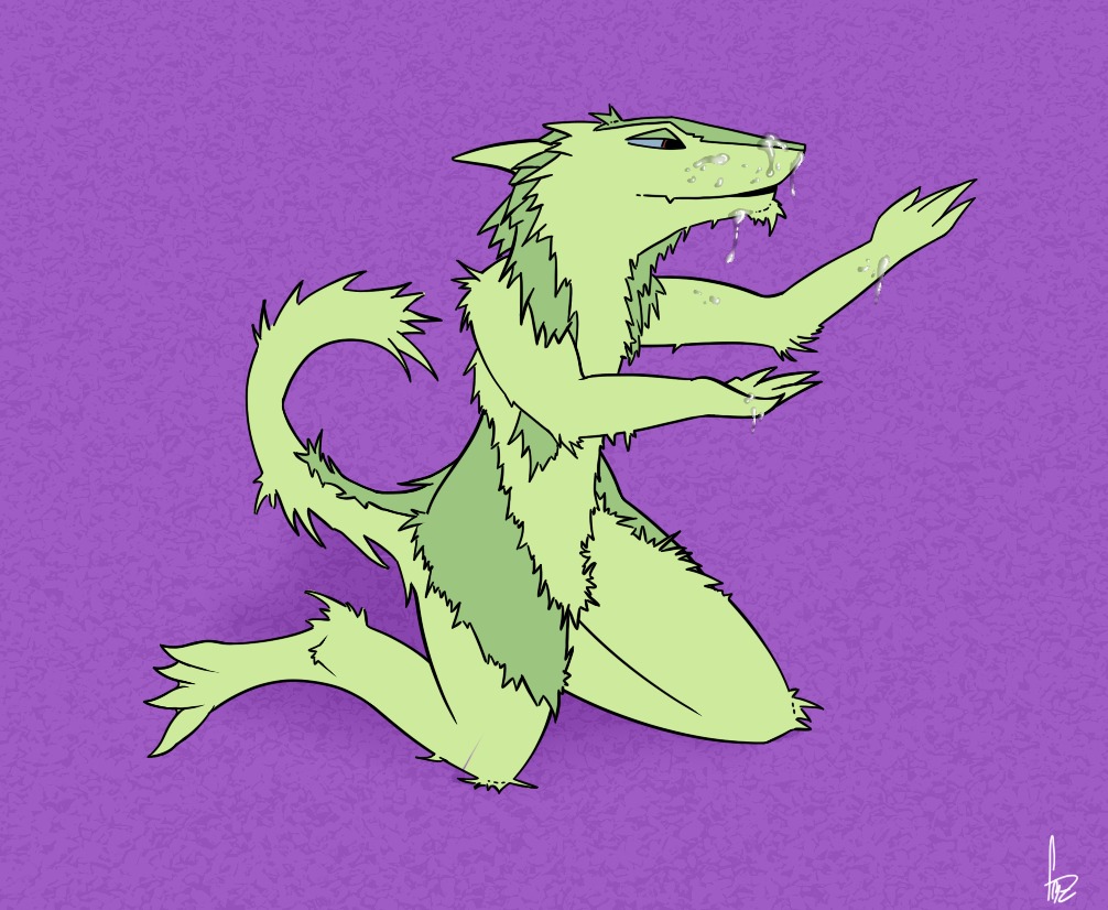 2012 ambiguous_gender anthro biped bodily_fluids cum cum_on_face e621 flynx_(artist) fur genital_fluids green_body green_fur kneeling mammal purple_background sergal signature simple_background solo tail textured_background