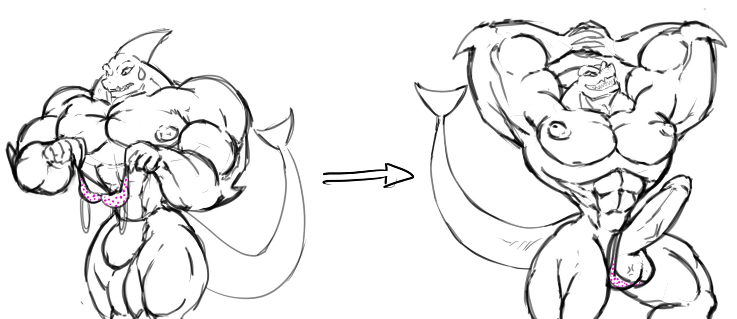 abs anthro aquatic balls bodily_fluids bra clothing cyclone dragmon e621 erection fish flexing genitals hi_res male muscular muscular_anthro muscular_male nipples penis shark smile solo sweat teeth underwear