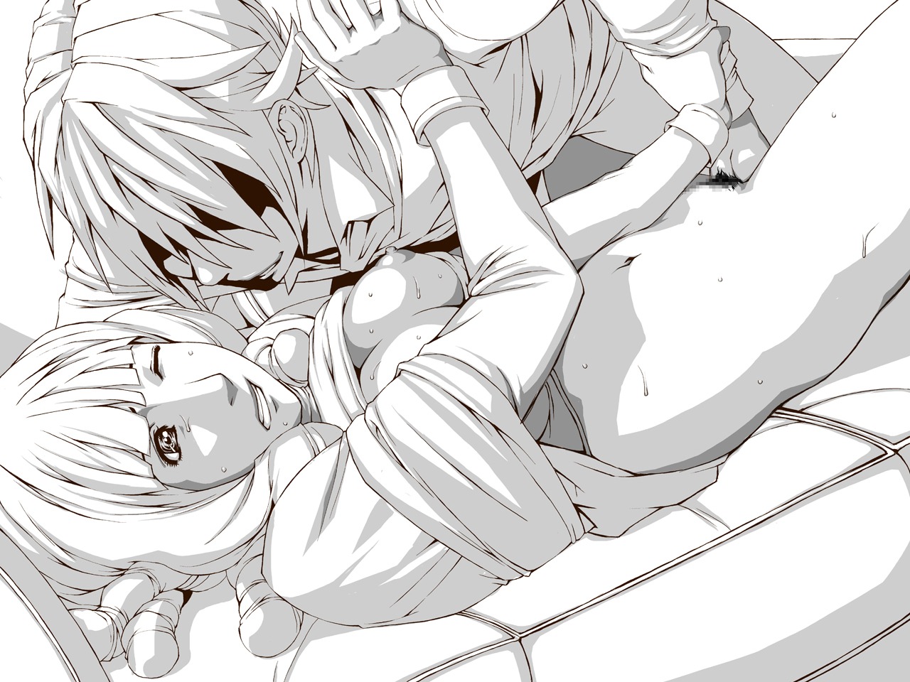 azuki_miyuki bakuman breasts female large_breasts mashiro_moritaka milf monochrome pull_top rule34 sex short_hair sweat