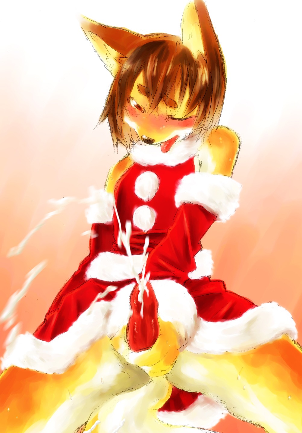 akatsuki_yuuki anthro blush bodily_fluids canid canine christmas clothed clothing crossdressing cum e621 erection eyebrows femboy fox genital_fluids genitals hi_res holidays male mammal masturbation penile penile_masturbation penis santa_claus solo tail