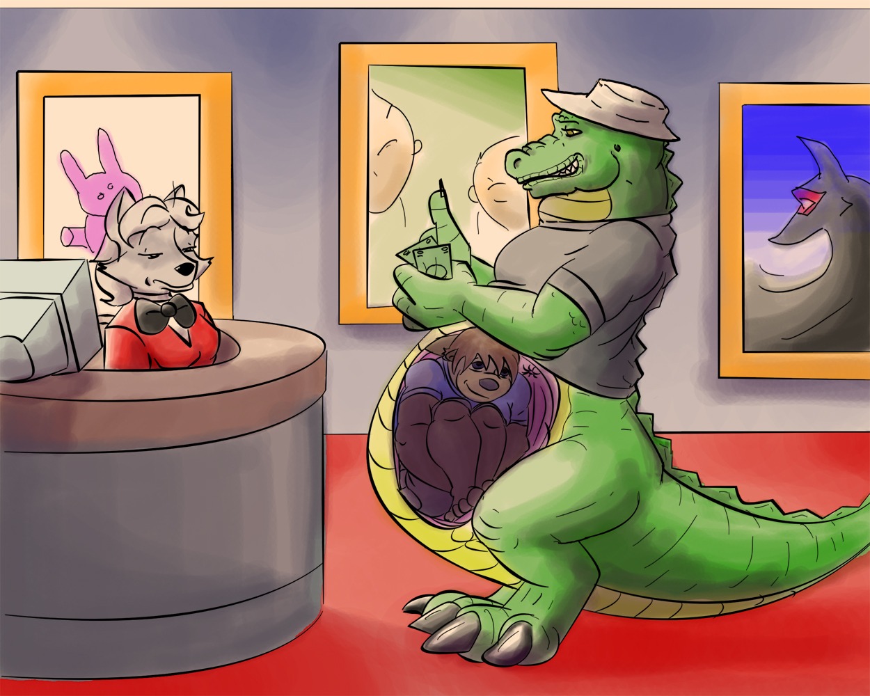 5:4 alligator alligatorid anthro bottomless canid canine canis claws clothed clothing colored computer crocodilian cutaway e621 electronics female group hat headgear headwear inside_stomach internal male male_pred male_prey mammal money movie_poster movie_theater mustelid otter pandottermon reptile scalie shirt tail topwear unimpressed vore wolf