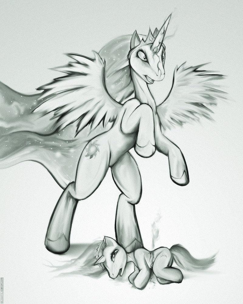 2013 4:5 blood bodily_fluids cutie_mark darkdoomer diamond_tiara_(mlp) duo e621 earth_pony equid equine feathered_wings feathers female feral friendship_is_magic gore greyscale grin happy hasbro horn horse impalement mammal monochrome my_little_pony mythological_creature mythological_equine mythology pony princess princess_celestia_(mlp) quadruped royalty size_difference smile tail tears unicorn winged_unicorn wings young young_feral