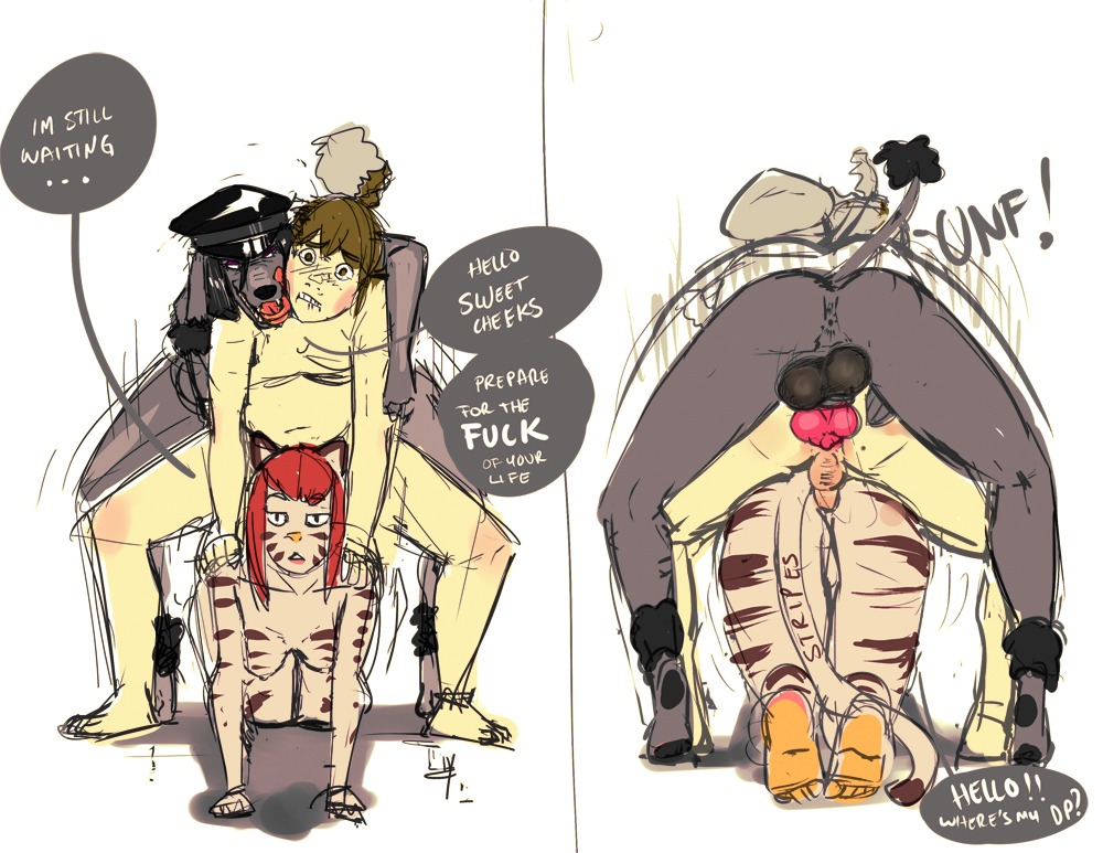 aldo_(my_life_with_fel) all_fours anal anal_penetration animal_genitalia animal_penis anthro anthro_on_anthro anthro_penetrated anthro_penetrating anthro_penetrating_anthro anthro_penetrating_human anus backsack balls big_breasts biped black_body black_fur black_pawpads blush breasts brown_hair butt canid canine canine_genitalia canine_penis canis clothing dialogue dickbitch_molly digital_media_(artwork) domestic_dog e621 english_text erection feet fel_(my_life_with_fel) felid female female_penetrated from_behind_position fur genitals group group_sex gynomorph gynomorph/male gynomorph_penetrating gynomorph_penetrating_male hair hat headgear headwear hindpaw human human_on_anthro human_penetrated human_penetrating human_penetrating_anthro humanoid_feet intersex intersex/male intersex_penetrated intersex_penetrating intersex_penetrating_male interspecies kenno_arkkan knot licking looking_at_viewer male male/female male_penetrated male_penetrating male_penetrating_female mammal mistake mostly_nude multiple_scenes my_life_with_fel nipples nude pantherine pawpads paws penetration penile penis plantigrade poodle sex simple_background sketch speech_bubble stripes surprise_buttsex surprise_sex surprised tail text threesome tiger tongue tongue_out train_position trick trio white_background white_body white_fur