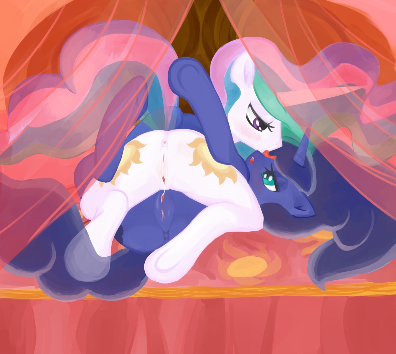 absurd_res anus bed butt cutie_mark duo e621 equid equine eye_contact female female/female feral feral_on_feral friendship_is_magic furniture genitals hasbro hi_res horn incest_(lore) licking looking_at_another mammal my_little_pony mythological_creature mythological_equine mythology ponylicking princess princess_celestia_(mlp) princess_luna_(mlp) royalty sex sibling_(lore) sister_(lore) sisters_(lore) tail tongue tongue_out tribadism unicorn vaginal vulva